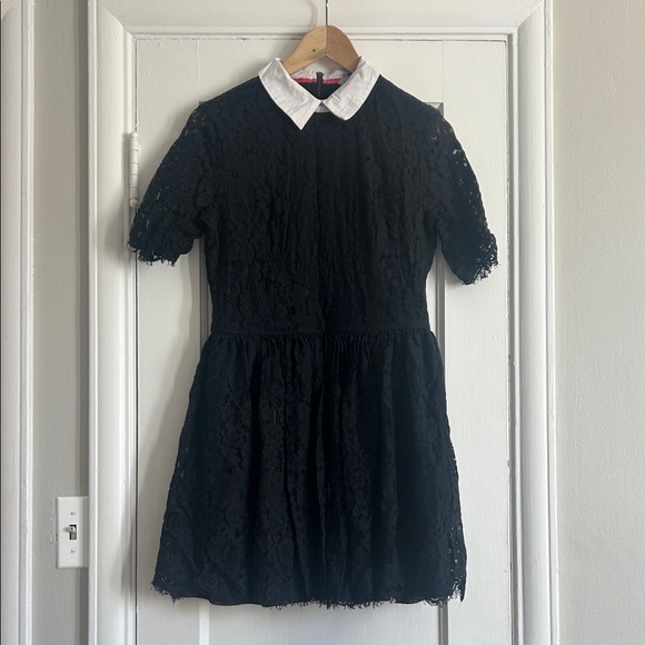 Wednesday Addams Style Black Lace Dress with White Collar - Picture 1 of 5
